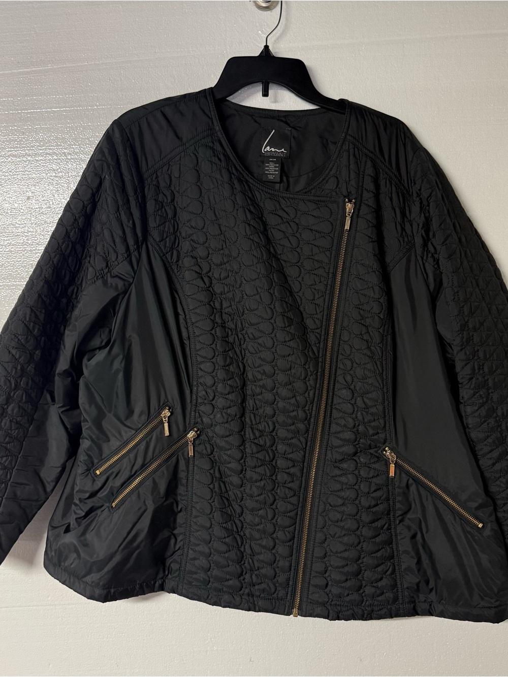 Lane Bryant Women 26/28 Black Quilted Zip Front Jacket Gold Zippers Plus Size